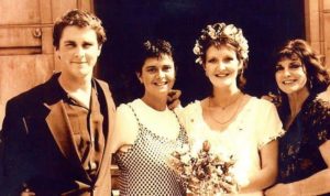 Christian Bale with his sisters Louise, Sharon and mother Jenny